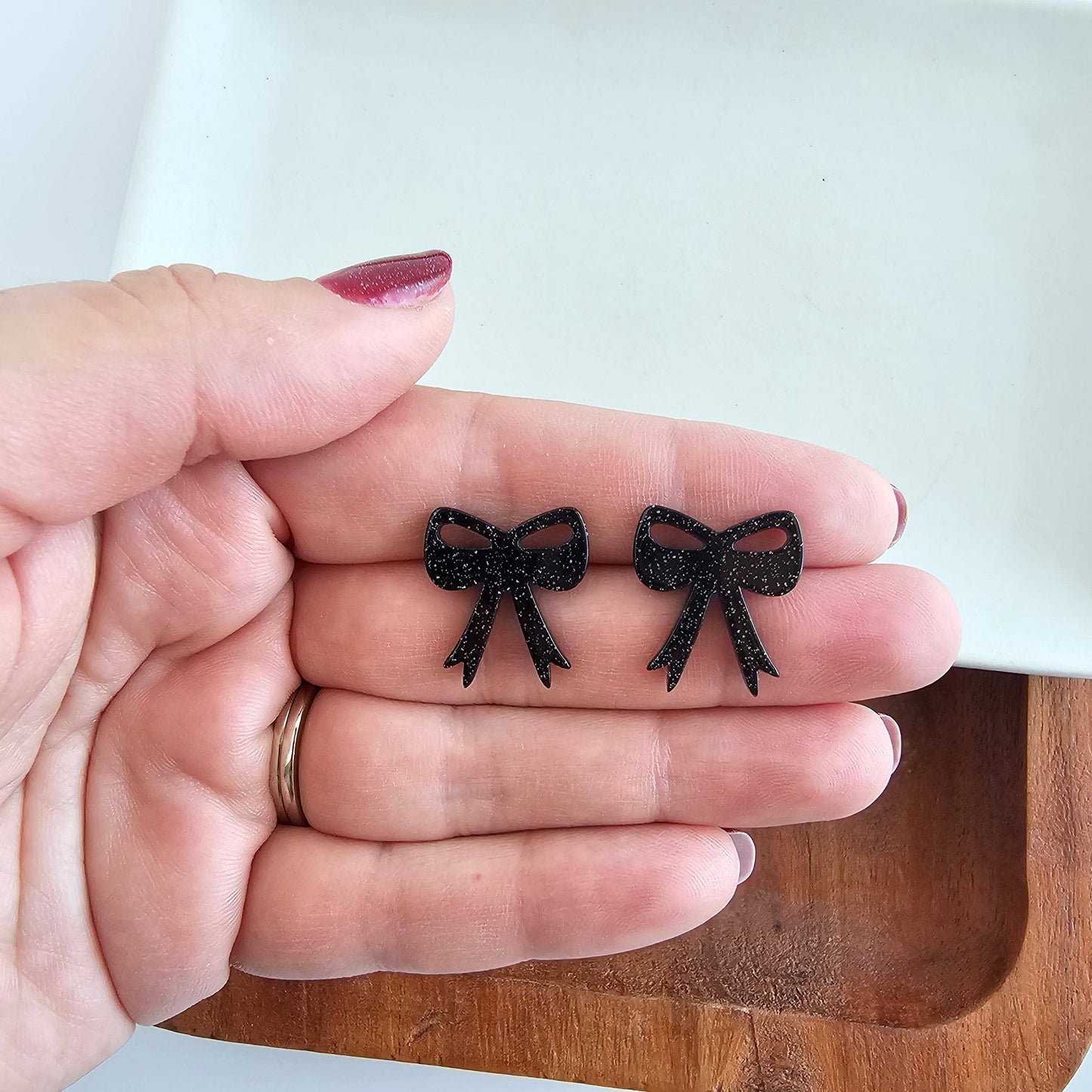 Bow Studs - Black Glitter // Halloween Earrings