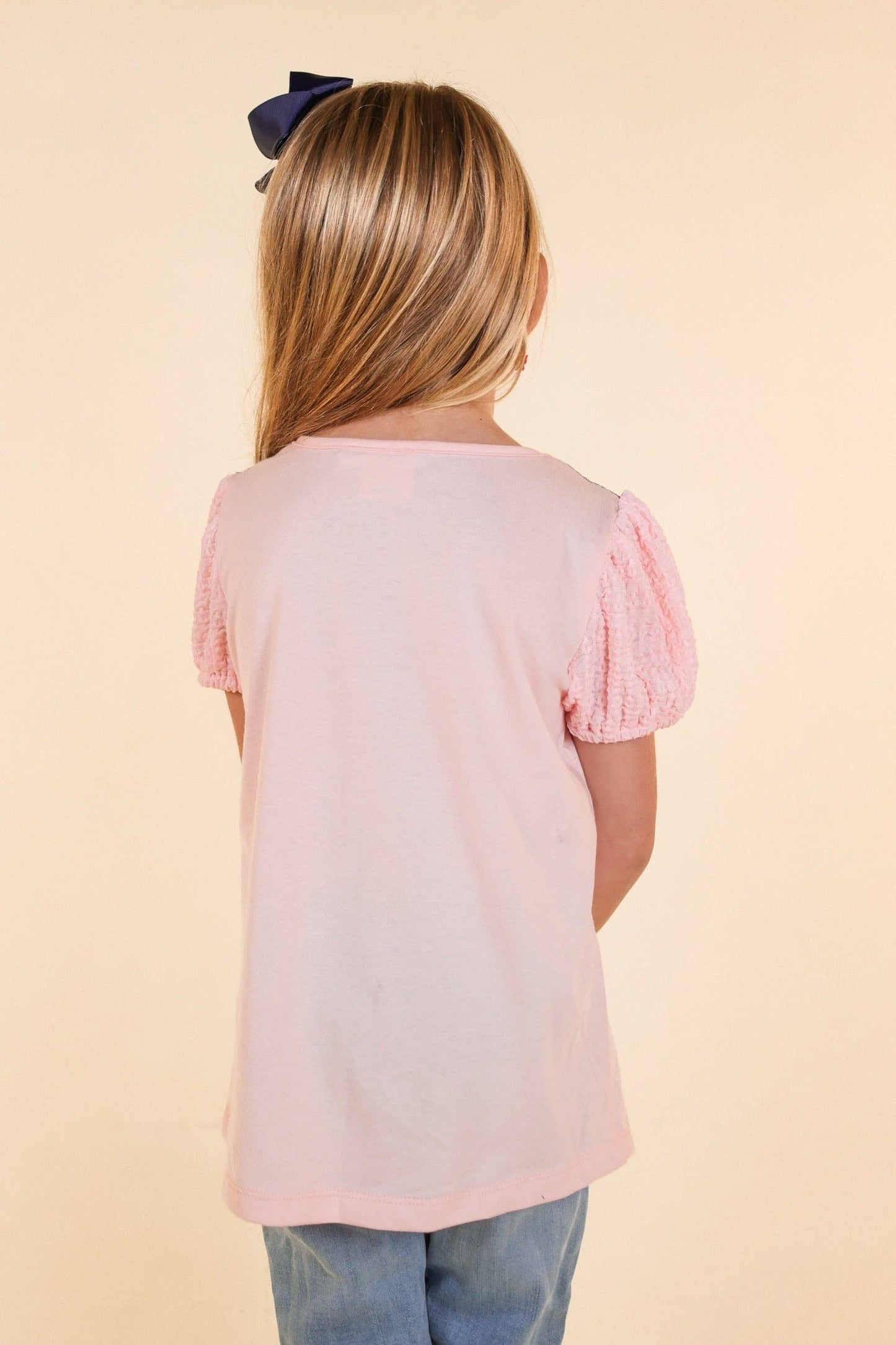 Girls Pink Top With Floral Lace and Puff Sleeve: Pink