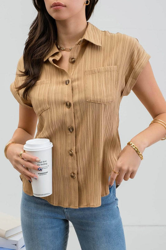 Crinkle Collared Fold Sleeve Button Down Shirt