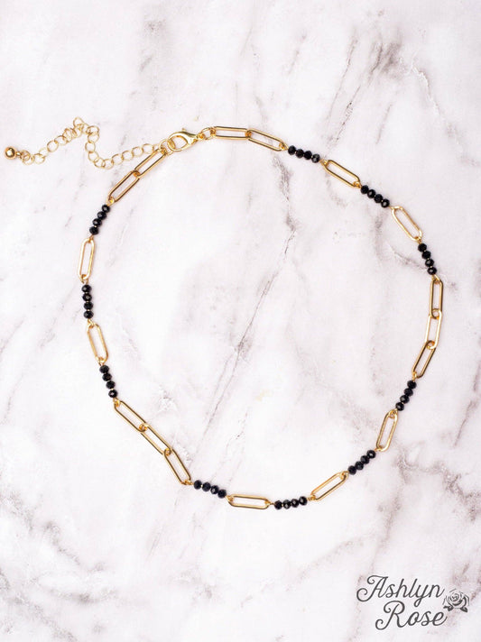 Meet Me At The Gala Black Crystal Beads Paperclip Gold Chain Necklace