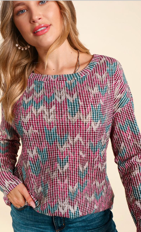 Magenta and Teal Long Sleeve Sweater Top