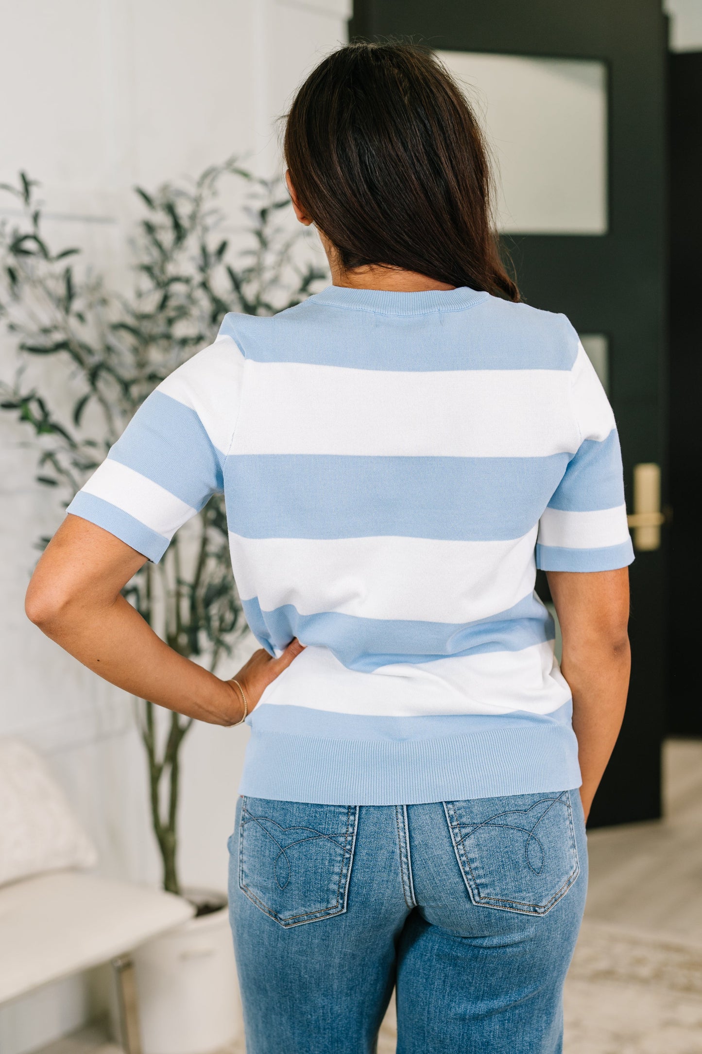 Known for a While Knit Blouse in White and Blue