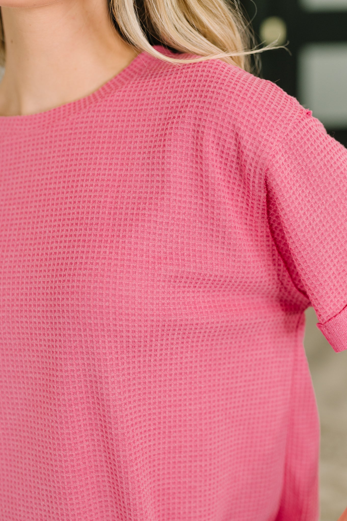 Leave It to Me Waffle Knit Relaxed Tee in  Pink