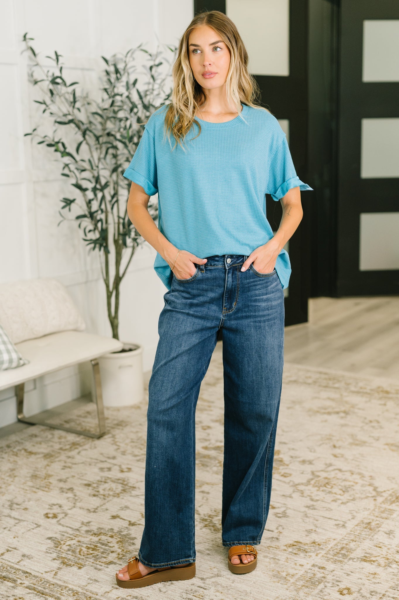 Leave It to Me Waffle Knit Relaxed Tee in Teal