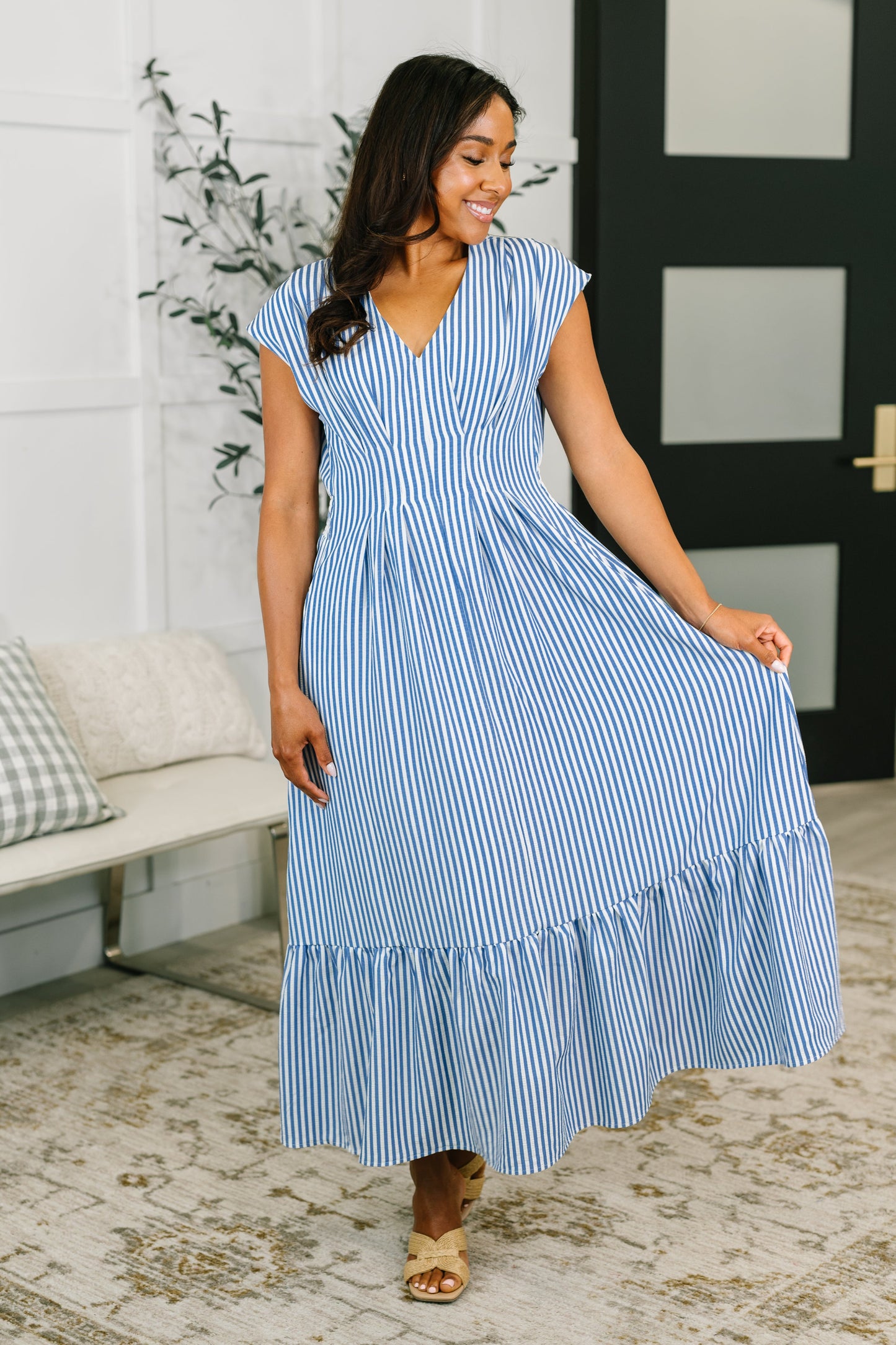 Only Chance Pleated Smock Waist Maxi Dress in Blue