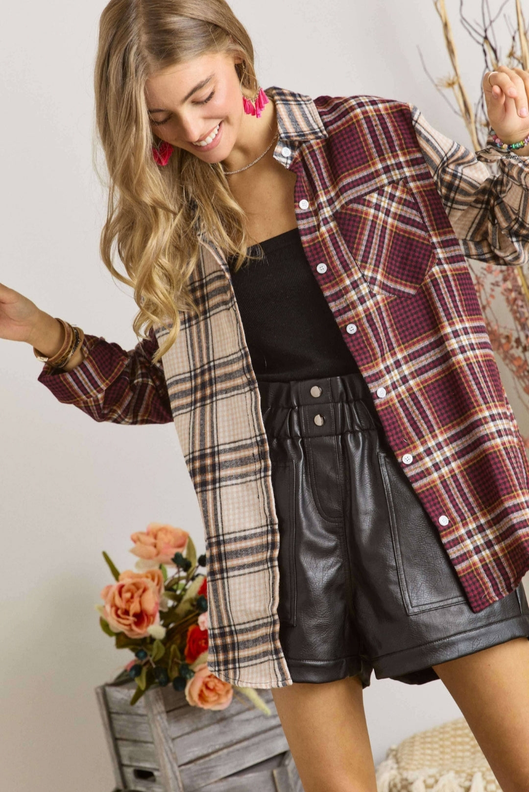 Beige/ Burgundy Plaid Flannel