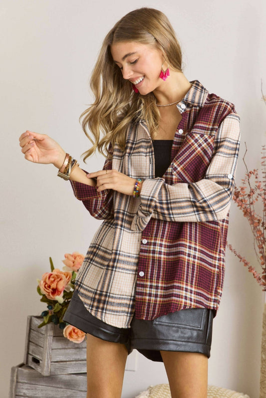 Beige/ Burgundy Plaid Flannel