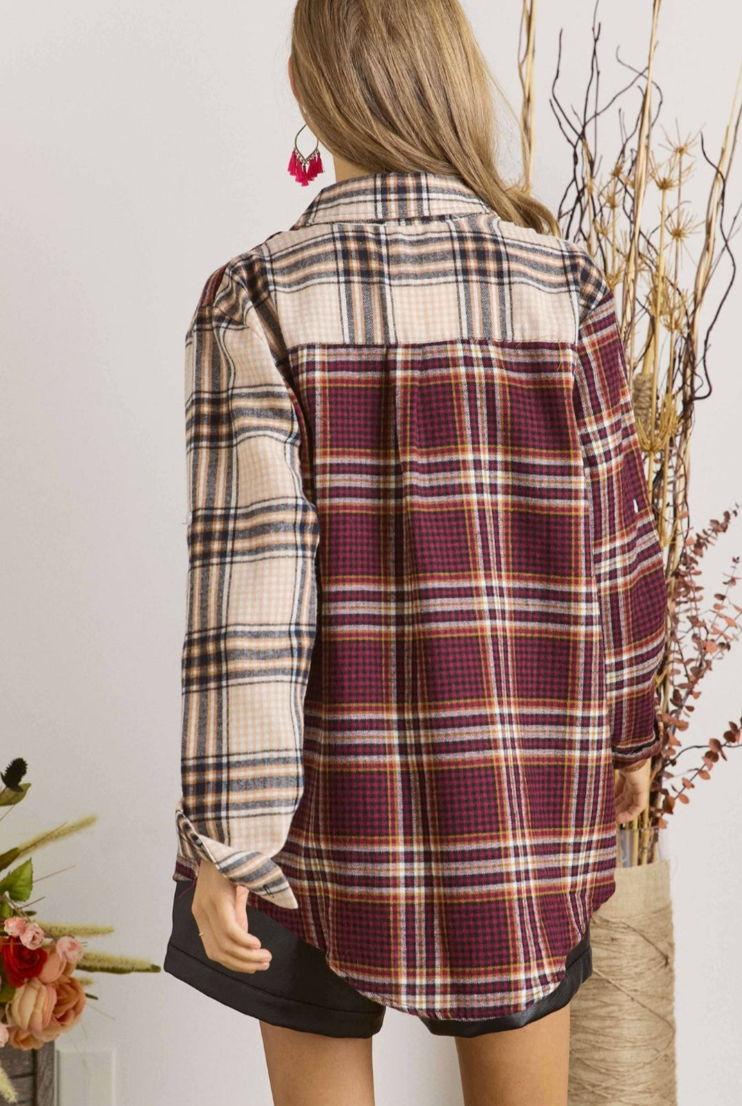 Beige/ Burgundy Plaid Flannel