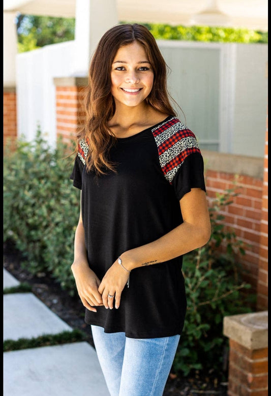 Black Top with Leopard and Checker Sleeve