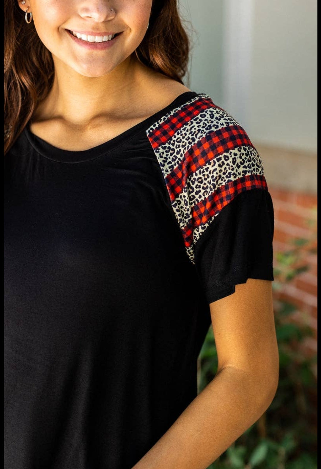 Black Top with Leopard and Checker Sleeve