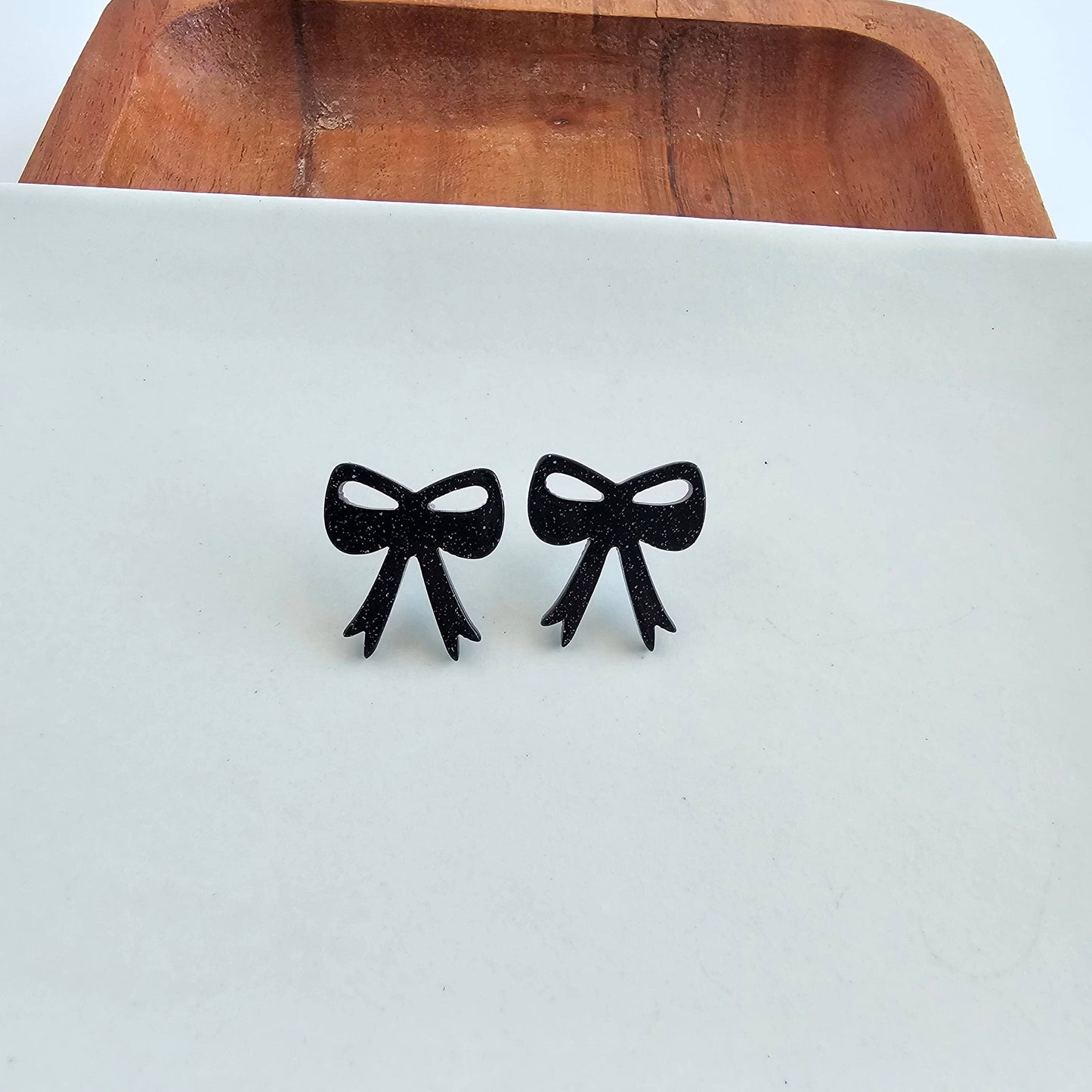 Bow Studs - Black Glitter // Halloween Earrings