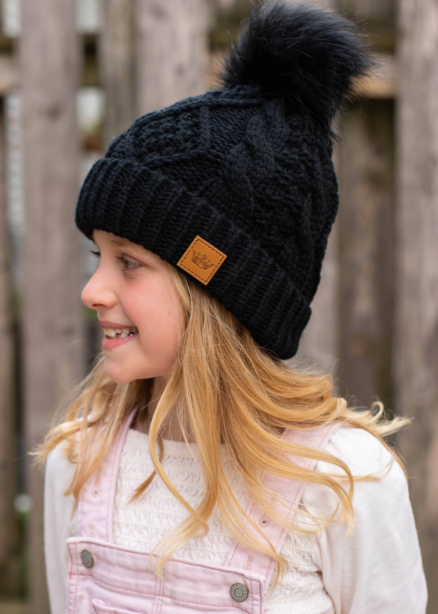 KIDS Black Cable Knit Pom Hat