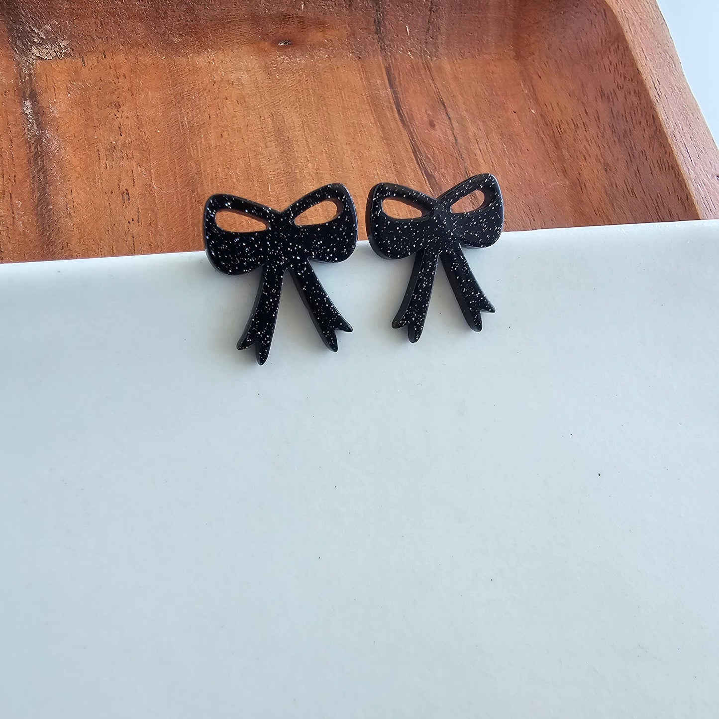 Bow Studs - Black Glitter // Halloween Earrings