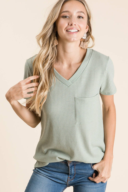 V-neck Waffle Knit Pocket Top