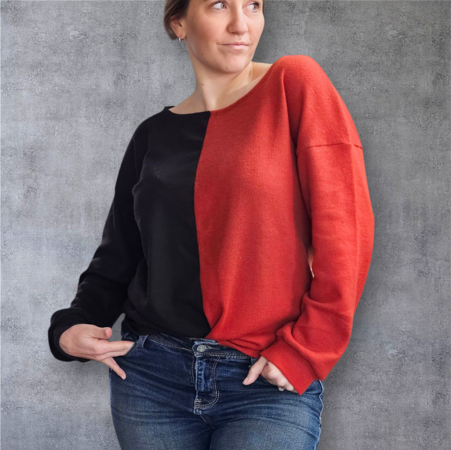 Bold Contrast Colorblock Sweater – Black & Rust