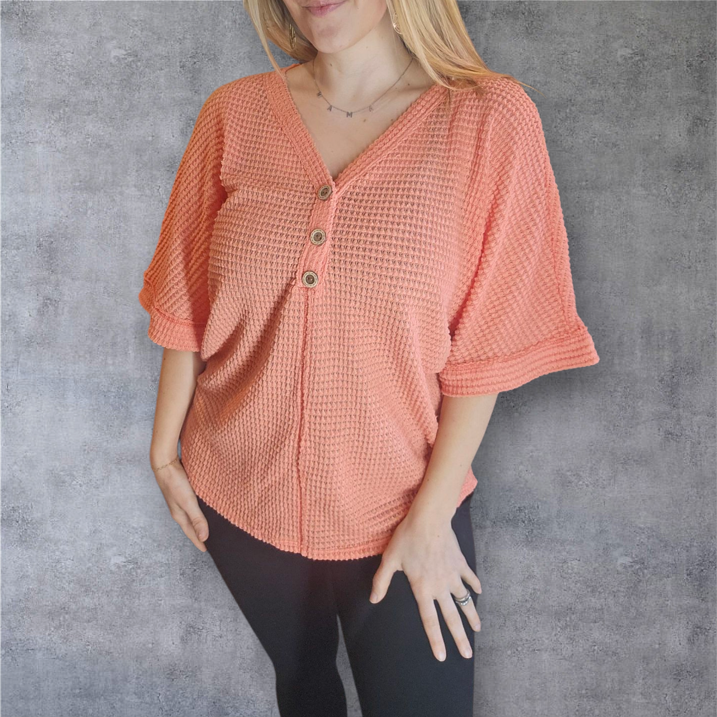 Women's Waffle Knit Button-Down Oversized Top - Peach
