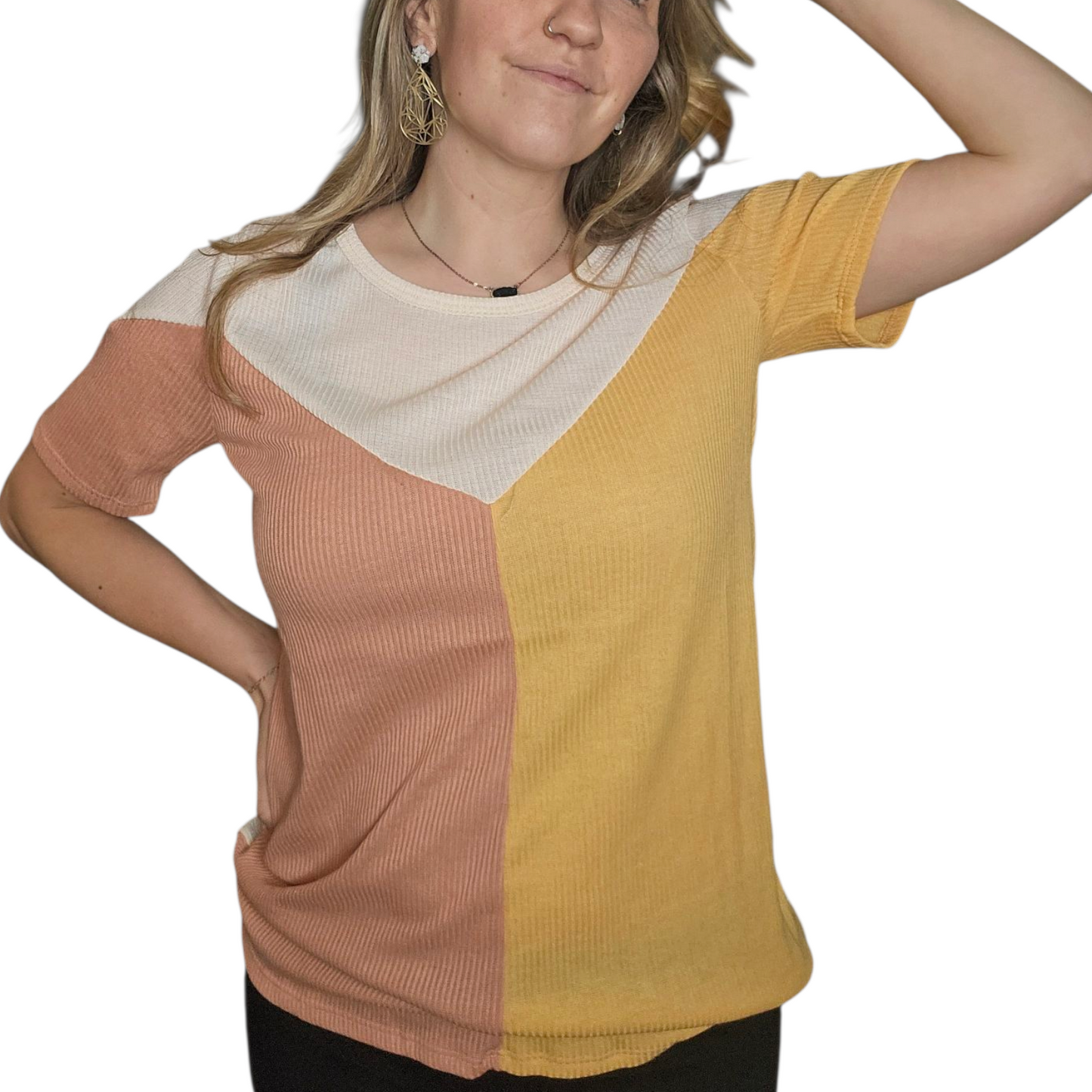Color Block Peach and Tangerine Ribbed Knit Tee – Short Sleeve Casual Top