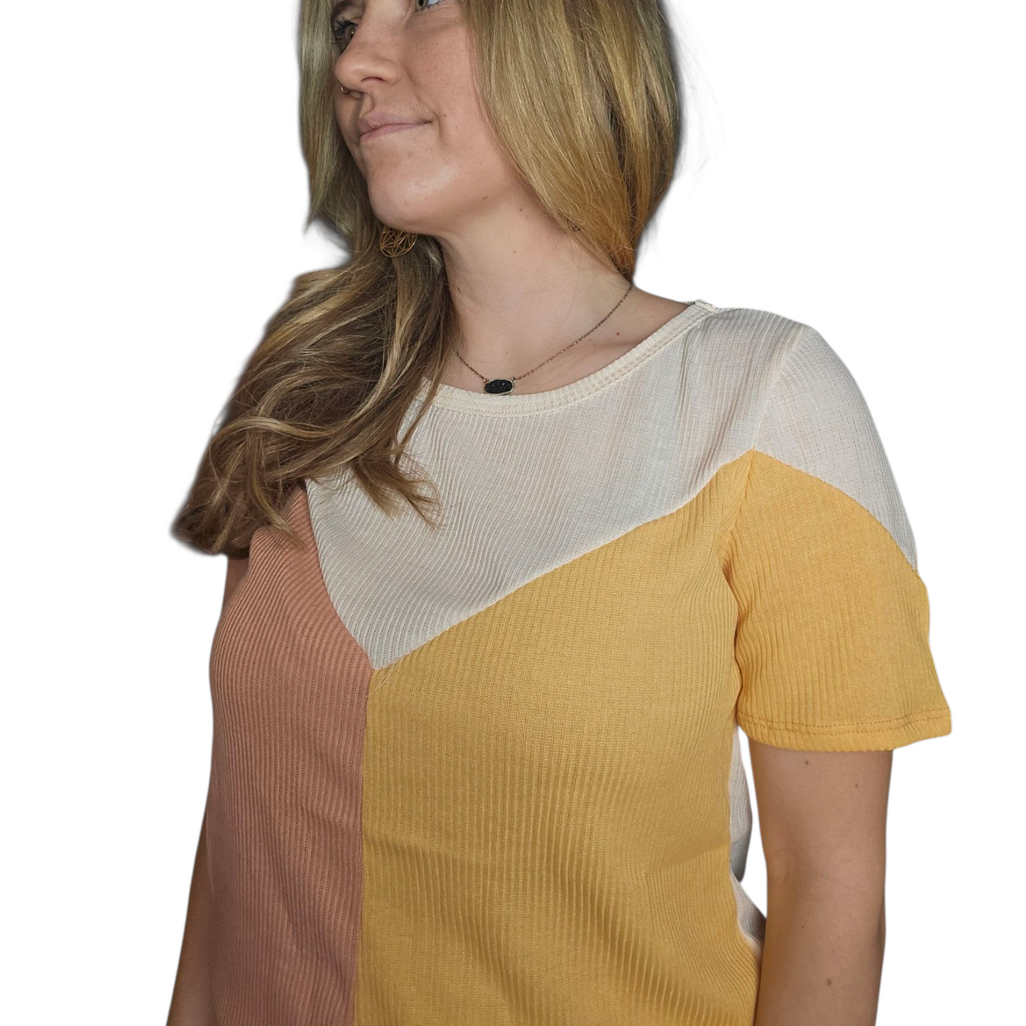 Color Block Peach and Tangerine Ribbed Knit Tee – Short Sleeve Casual Top