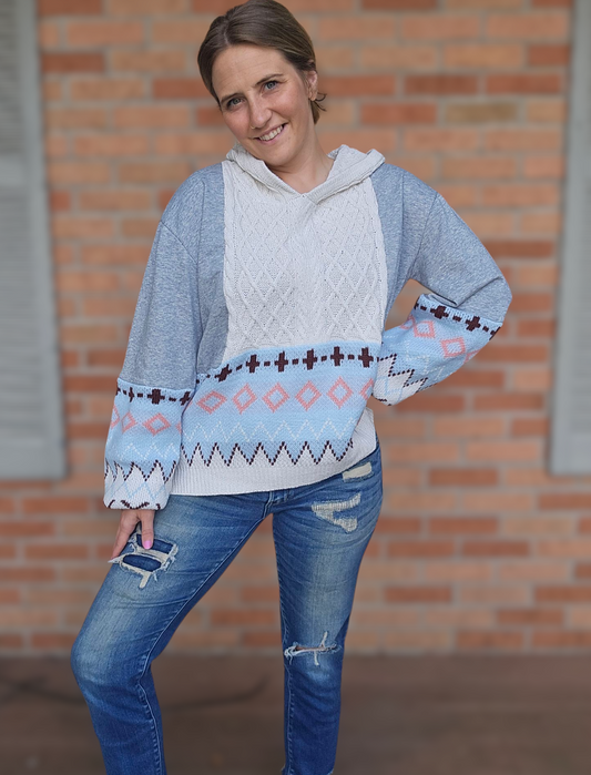 Easel Hooded Patterned Grey Sweater