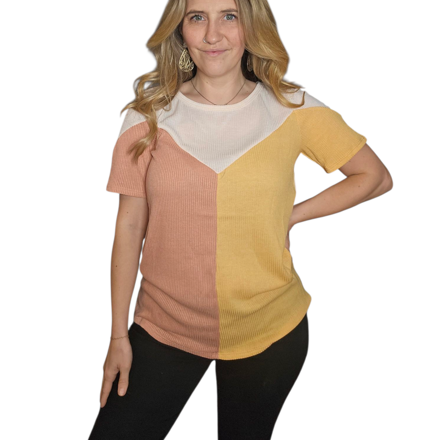 Color Block Peach and Tangerine Ribbed Knit Tee – Short Sleeve Casual Top