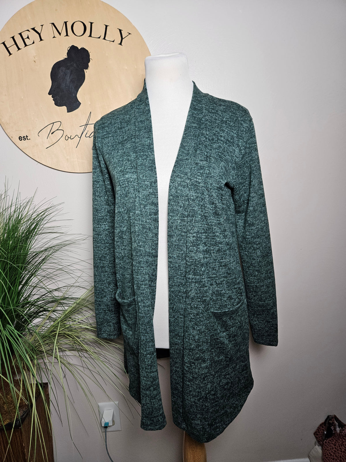 Womans Medium Dark Green Open Cardigan