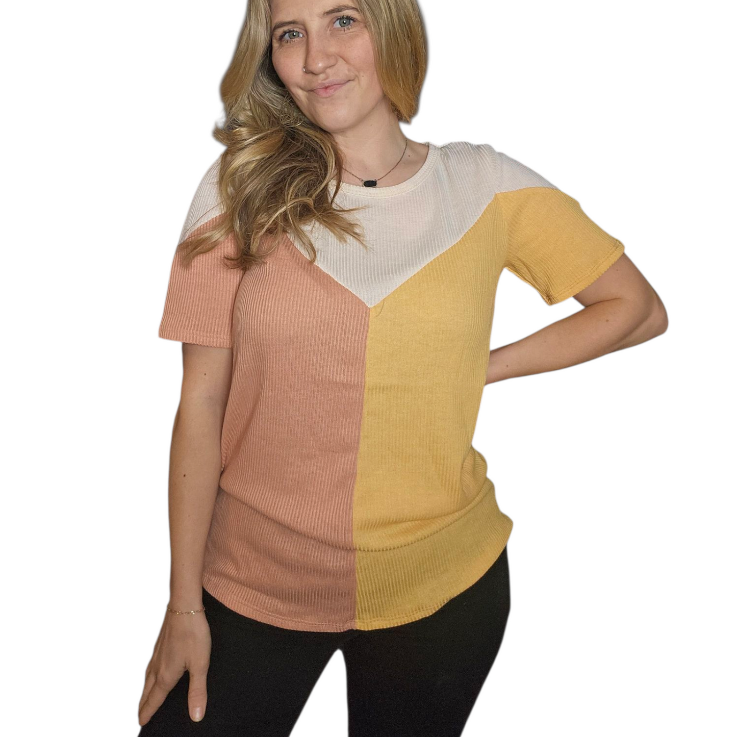 Color Block Peach and Tangerine Ribbed Knit Tee – Short Sleeve Casual Top