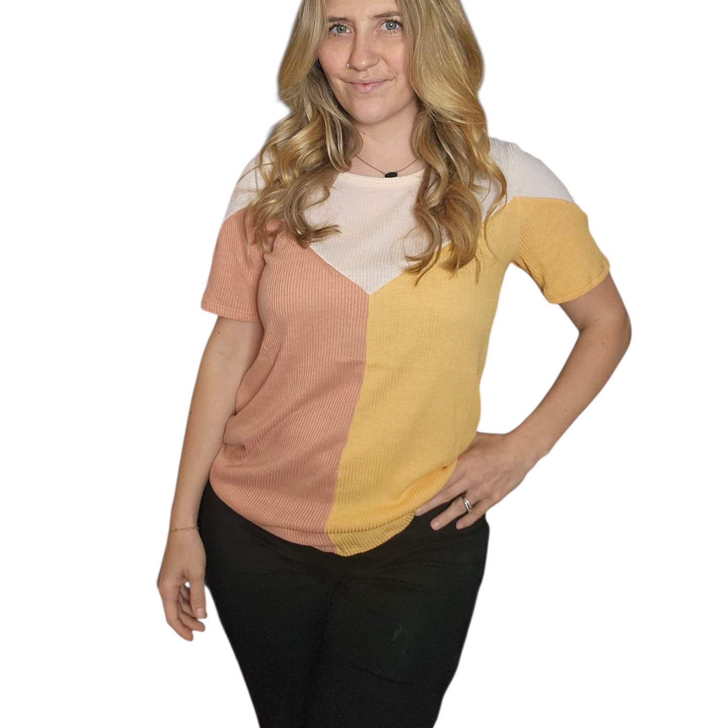Color Block Peach and Tangerine Ribbed Knit Tee – Short Sleeve Casual Top
