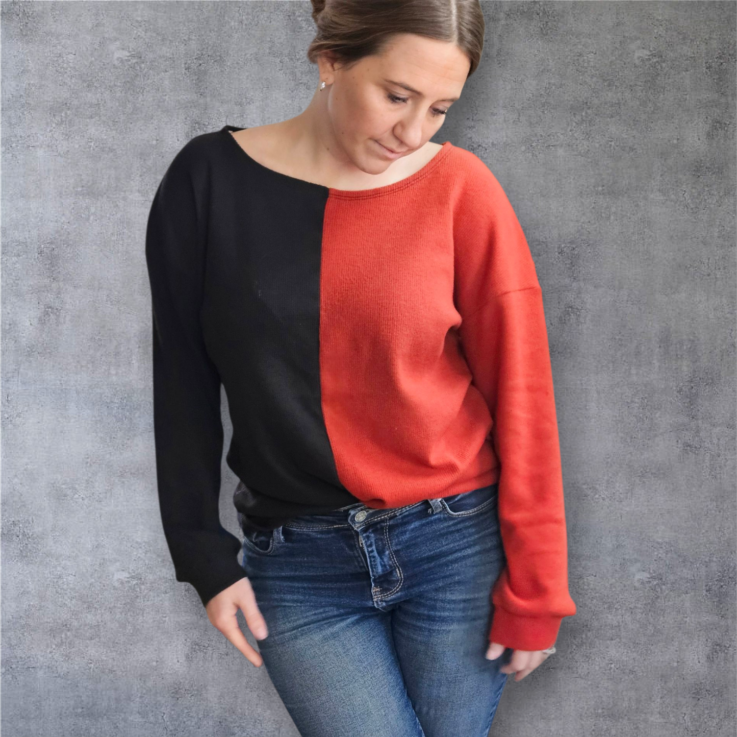 Bold Contrast Colorblock Sweater – Black & Rust