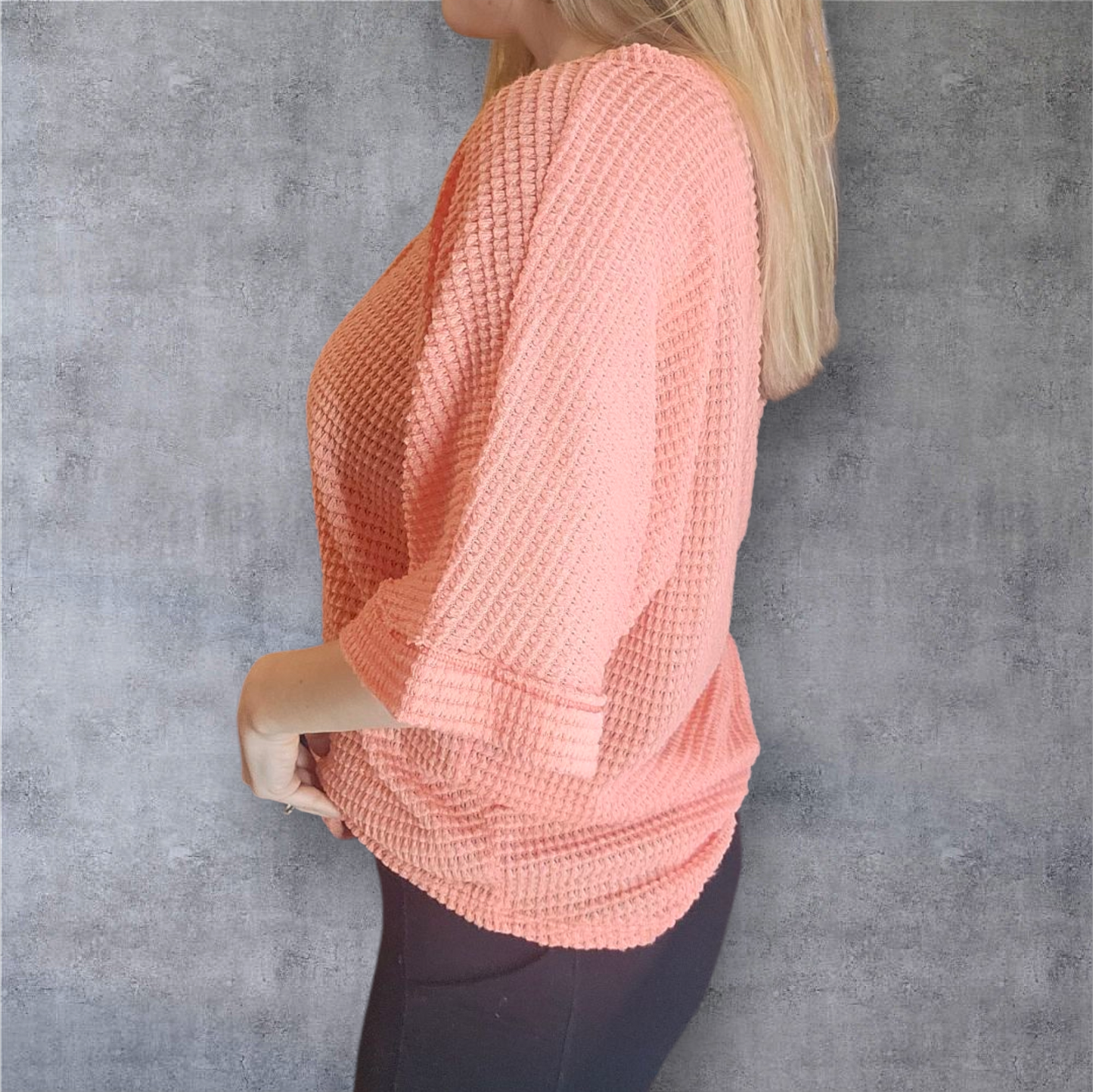 Women's Waffle Knit Button-Down Oversized Top - Peach
