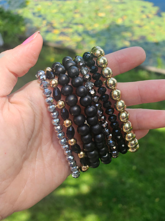 Black and Gold Stacked Bead Bracelet Set