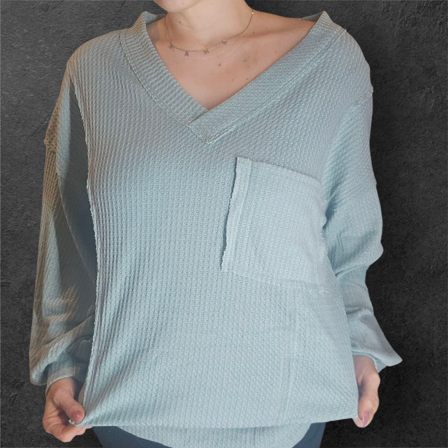 Cozy Waffle Knit V-Neck Pullover with Pocket – Light Sage Green