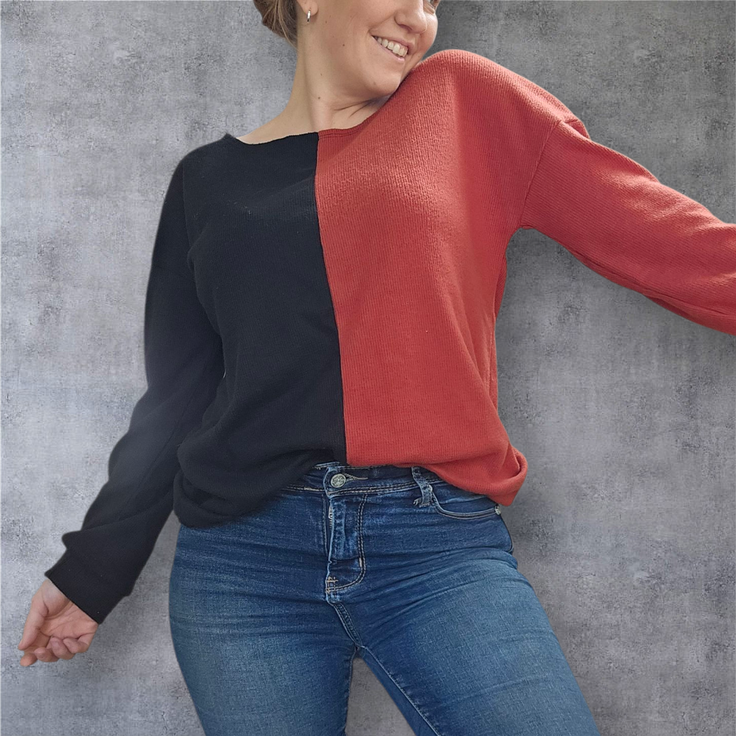 Bold Contrast Colorblock Sweater – Black & Rust