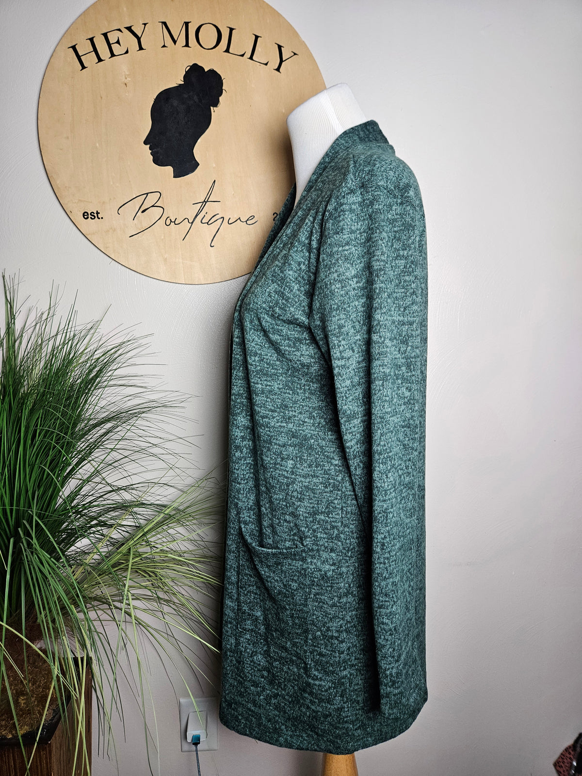 Womans Medium Dark Green Open Cardigan