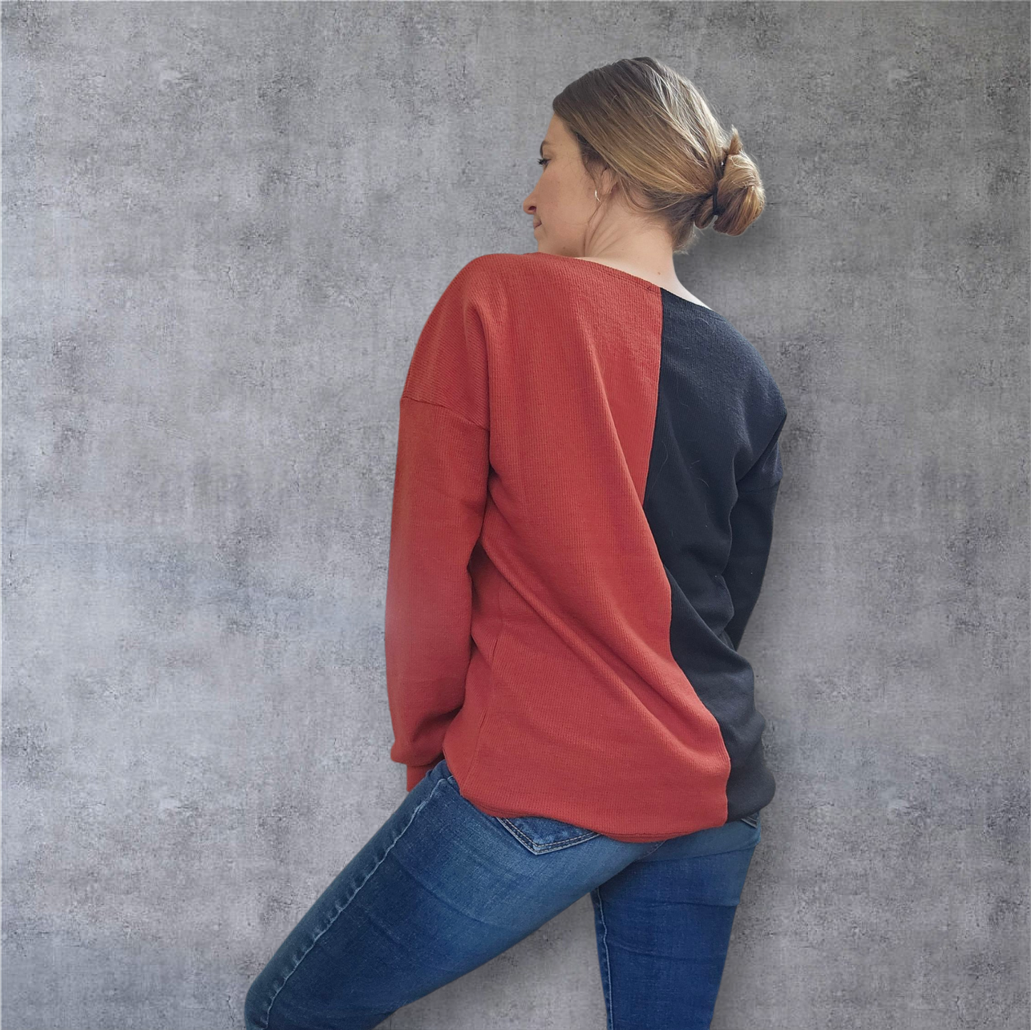 Bold Contrast Colorblock Sweater – Black & Rust