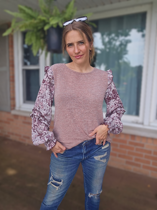 Blush Knit Top with Floral Puff Sleeves