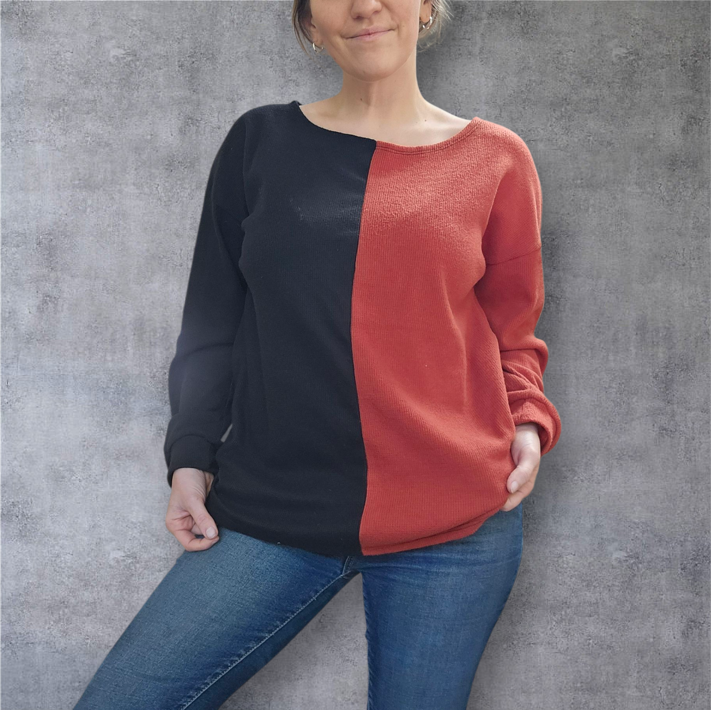 Bold Contrast Colorblock Sweater – Black & Rust
