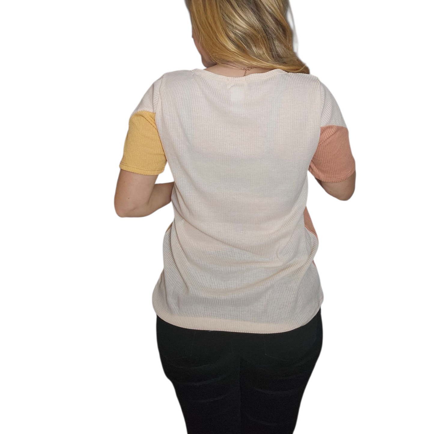 Color Block Peach and Tangerine Ribbed Knit Tee – Short Sleeve Casual Top