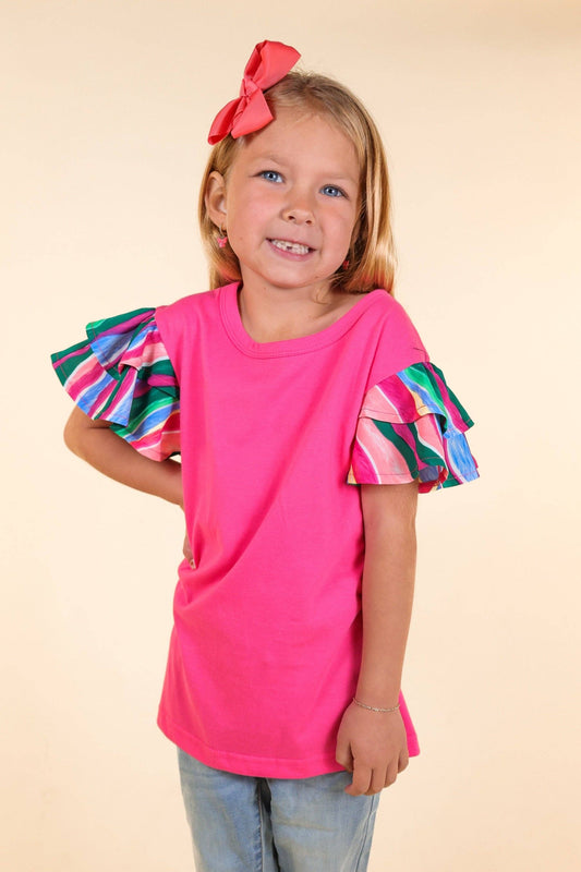 Girls Pink Top with Stripped Ruffle Sleeve